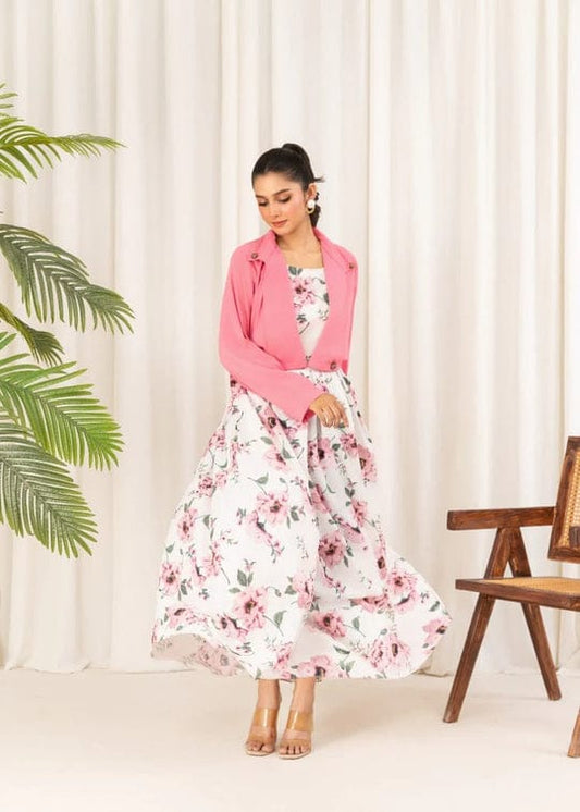2 Pcs Stylish Floral Print Maxi Dress with Pink Jacket Women’s