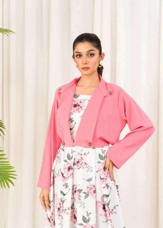 2 Pcs Stylish Floral Print Maxi Dress with Pink Jacket Women’s