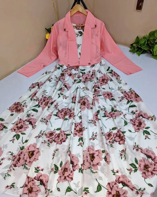 2 Pcs Stylish Floral Print Maxi Dress with Pink Jacket Women’s
