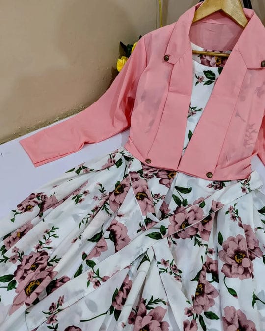 2 Pcs Stylish Floral Print Maxi Dress with Pink Jacket Women’s